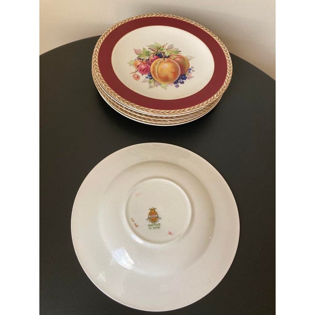 Metal Early 20th Century Crown Ducal Red Burgundy and Gold Border Fruit Decorated Porcelain Plates- Set of 6 For Sale - Image 7 of 18