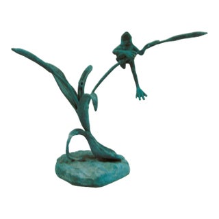 Jumping Frog on Reeds Cold-Cast Bronze Sculpture With Hand Applied Patina For Sale