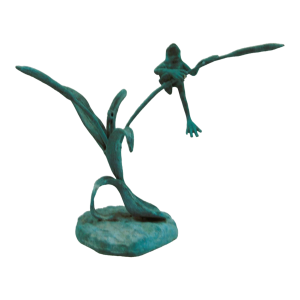 Jumping Frog on Reeds Cold-Cast Bronze Sculpture With Hand Applied Patina