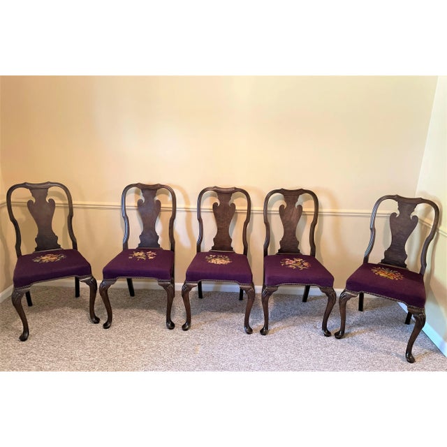1930s Vintage Queen Ann Style Solid Walnut Dining Chairs With Imperial Purple Needlepoint Seats - Set of 5 For Sale - Image 13 of 13