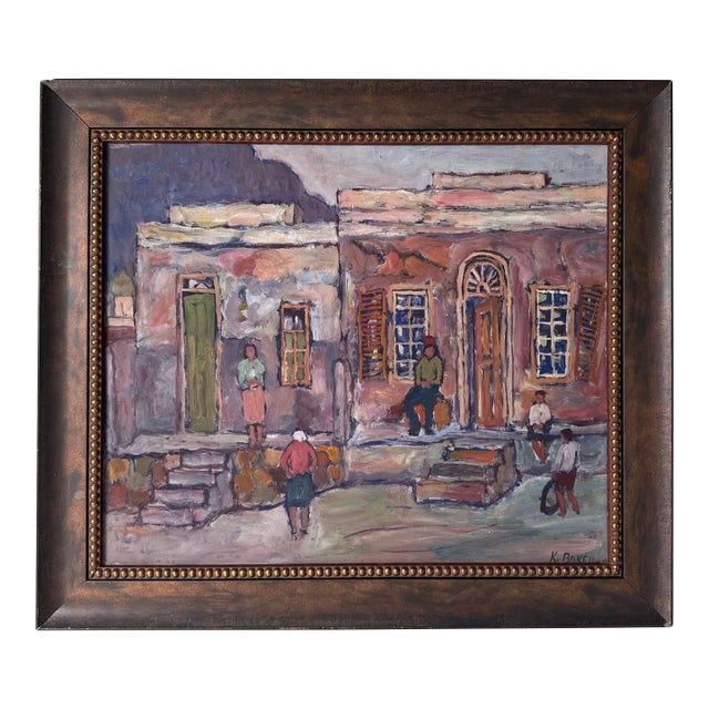 Kenneth Baker (South African, 1931–1995) Town Street Scene Oil on Board Painting, Framed For Sale