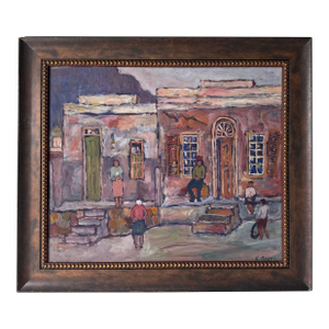 Kenneth Baker (South African, 1931–1995) Town Street Scene Oil on Board Painting, Framed