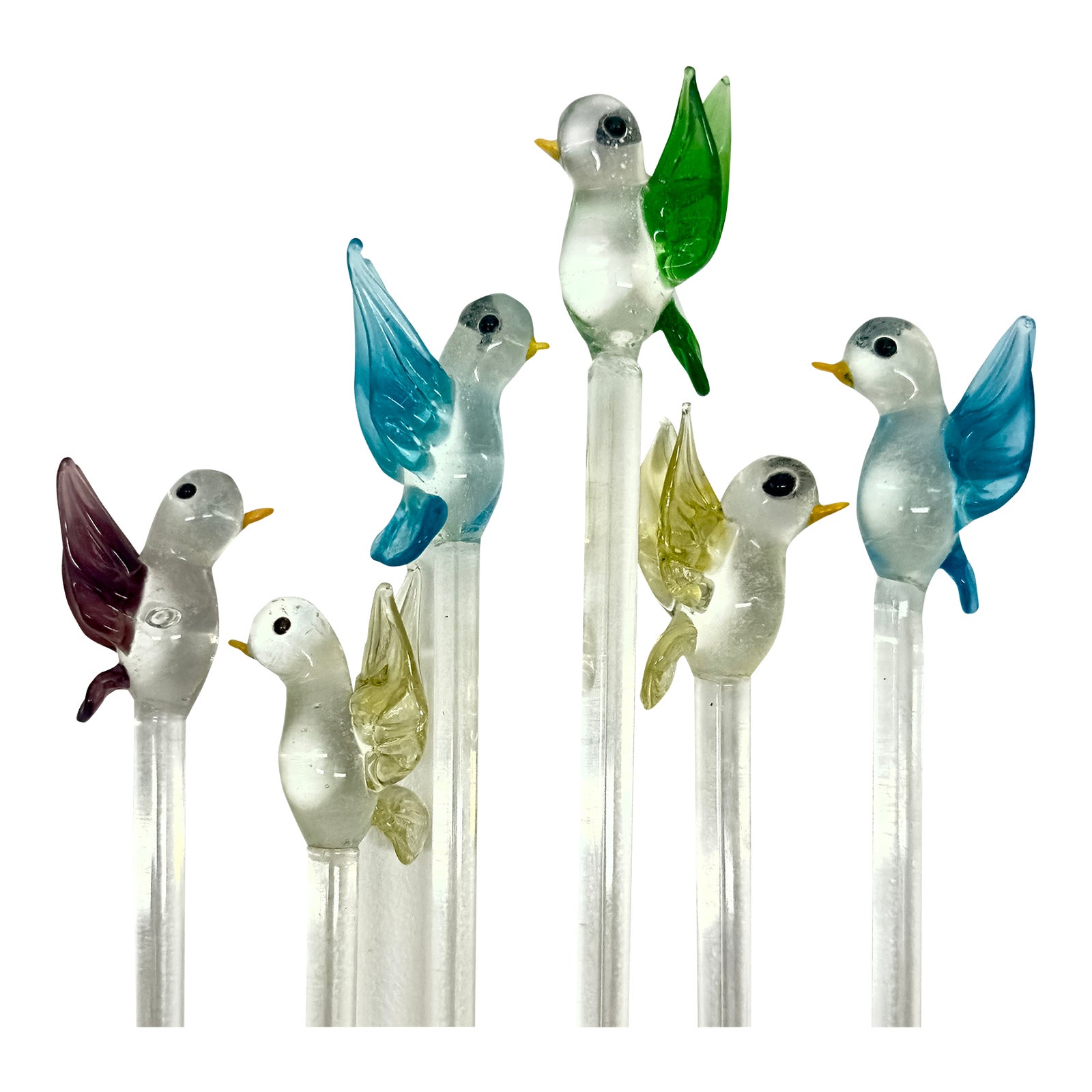 Hand Blown Glass Multiple Colored Hummingbird Swizzle Sticks - Set of 6 ...