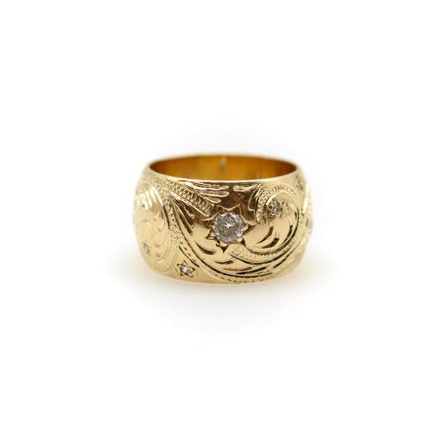 Late 19th Century Victorian 14k Gold Hand-Engraved Celestial Themed Band or Ring With Diamonds, Size 6 For Sale - Image 4 of 9