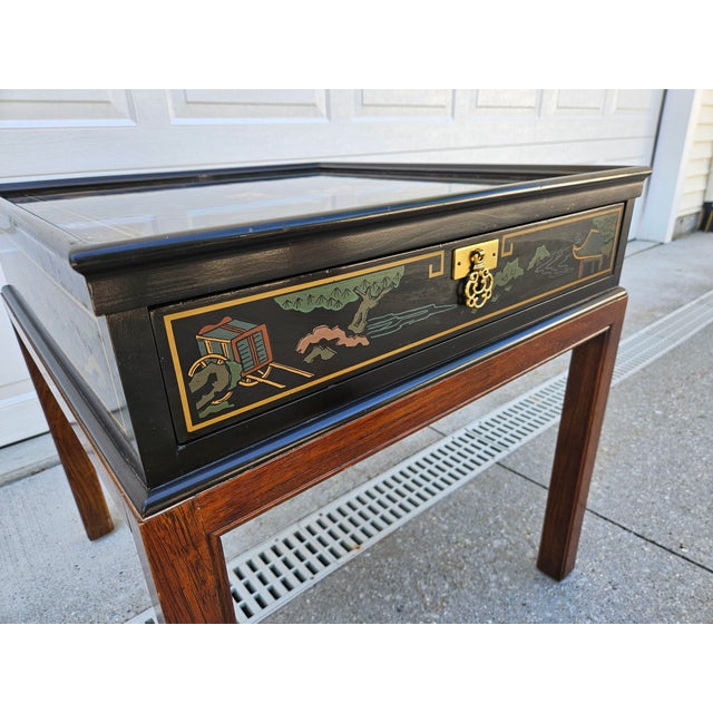 Wood Drexel Black Lacquered Chinoiserie Side Table For Sale - Image 7 of 11