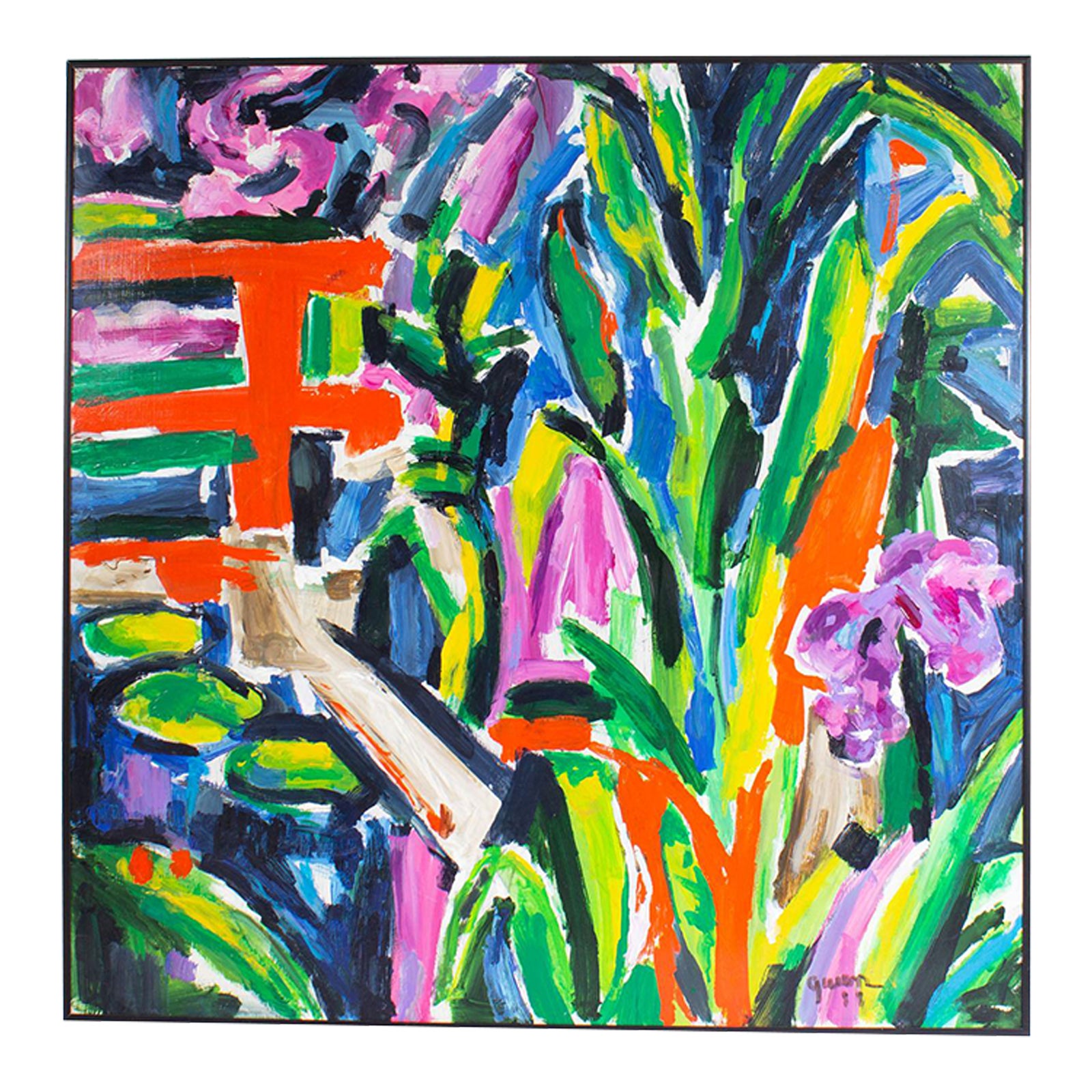 1988 “Bridge and Garden” Acrylic on Board Abstract Painting by Gwen ...