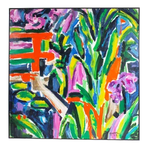 1988 “Bridge and Garden” Acrylic on Board Abstract Painting by Gwen Doppler