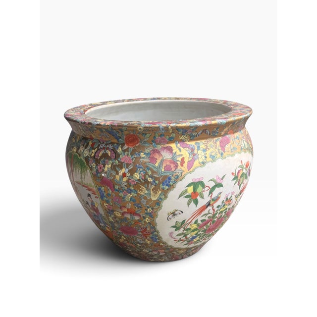 Vintage Chinese Famille Rose Gilt Porcelain Fishbowl Planter With Floral and Bird Motifs For Sale - Image 4 of 14