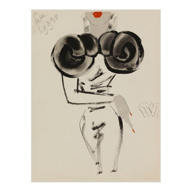 Vintage French Fashion Art Print – Sculptural Fur Shoulder Illustration, 18" X 24" For Sale