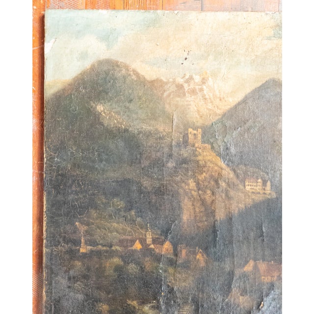 We are selling this interesting early landscape painting. This painting features a German Alpine Landscape with buildings...
