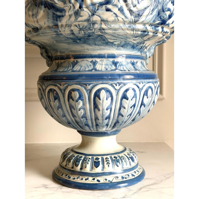 Large Vintage Cantagalli Italian Majolica Blue White Delft Style Pottery Vase Jar or Urn Serpent Handles 23"h For Sale - Image 15 of 18