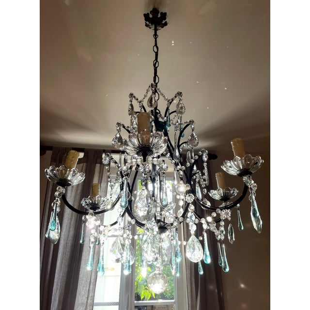 Superb Louis XV style crystal chandelier bronze frame with 6 lights, many details: flower cups, blue Murano glass drops...