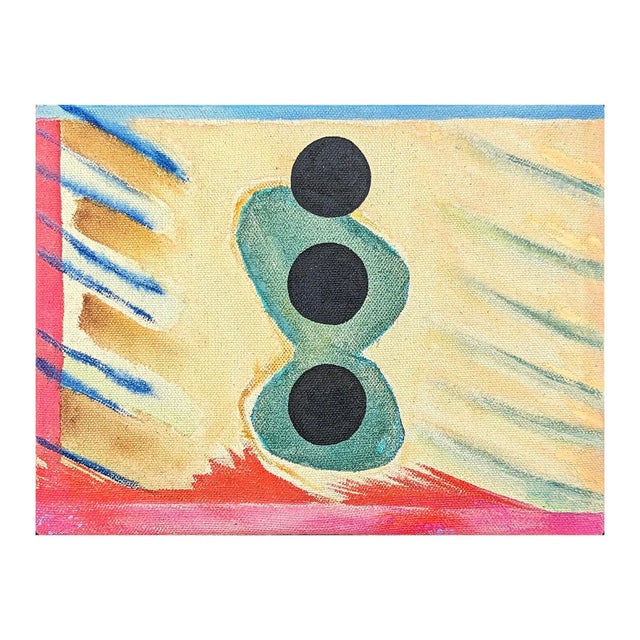 Contemporary colorful painting by Houston-based artist Jessica Simorte. The work features a central trio of three black...