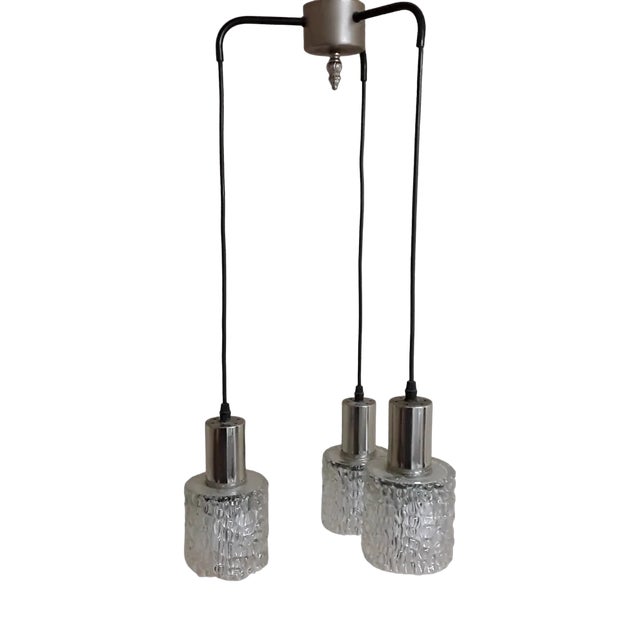 Three-Flame German Cascade Lamp with Black Metal Frame and Clear Relief Glass Umbrellas on Chrome-Plated Metall, 1960s For Sale