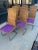 Fabulous set a Vintage, Wicker and Chrome tall back dining chairs. Newly reupholstered, and a vibrant, purple and white...