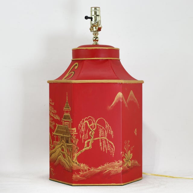 Chinoiserie Vintage Red Chinoiserie Hand-Painted Hexagon Tea Caddy Table Lamps - a Pair For Sale - Image 3 of 11