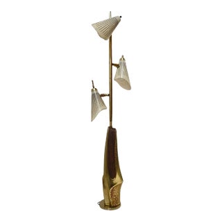 Mid-Century Googie Brass & Art Pottery Floor Lamp With Fiberglass Shades For Sale