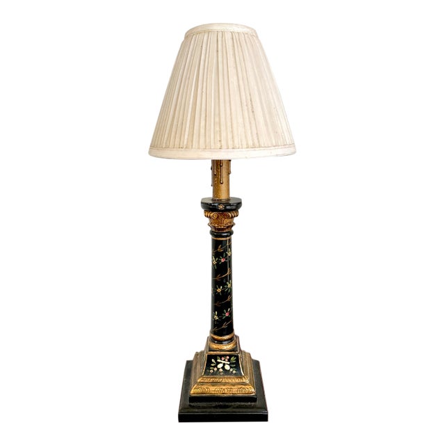 Mid 20th Century Neoclassical Black and Gold Corinthian Column Lamp With Hand Painted Florals and Pleated Shade For Sale