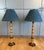 Pair of vintage mid century faux bamboo wood table lamps with forest green fabric shades by Frederick Cooper.