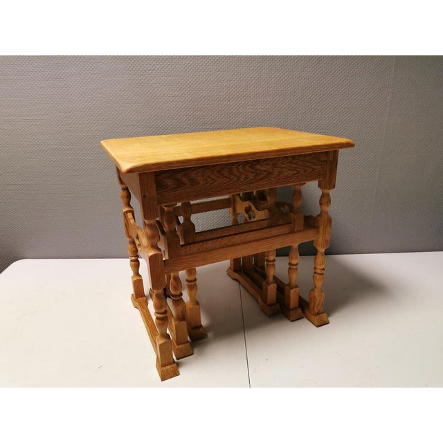 Nesting Tables in Oak with Carvings attributed to Henry Kjærnulf for Nyrup Furniture Factory, Denmark, 1960s, Set of 3 For Sale - Image 6 of 14