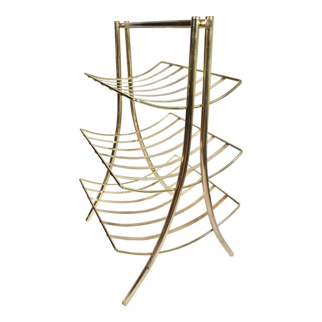 Vintage Mid Century Modern Brass Three Tiered Magazine Rack For Sale