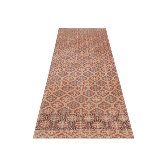 Rug & Kilim Vintage Turkish Rug, Beige Field With Red Diamond Geometric Motifs - Rug & Kilim For Sale - Image 4 of 8
