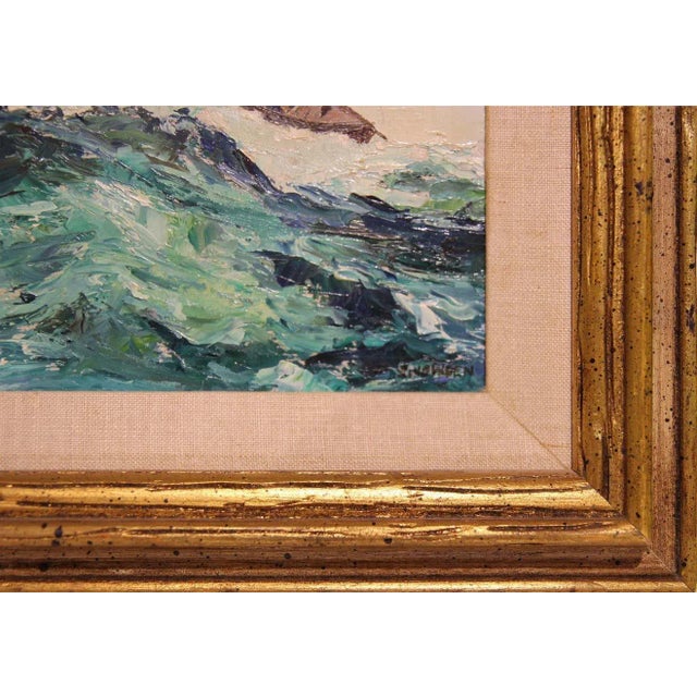 Textile Chester Dixon Snowden 1 Blue Toned Impressionist Seascape with Fishermen Landscape Painting 20th Century For Sale - Image 7 of 11