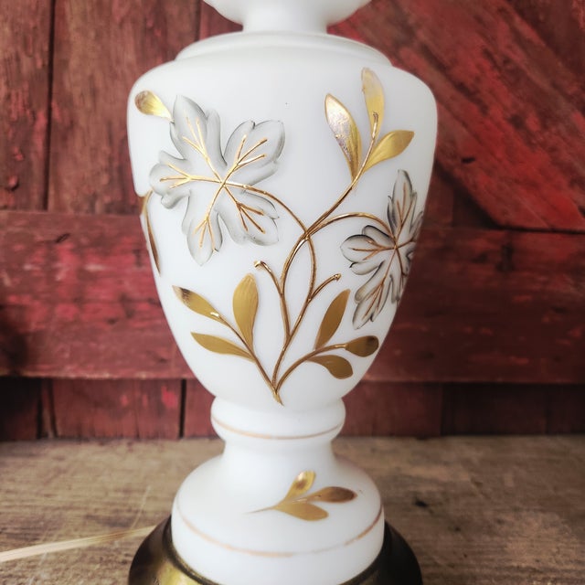 Vintage Milk Glass Table Lamp With Gold Floral Design & Brass Base For Sale - Image 12 of 18