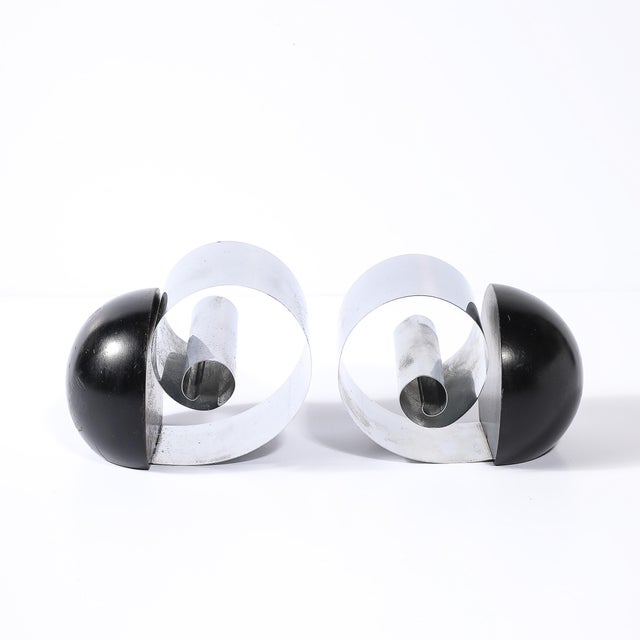 1930s Art Deco Machine Age Spring Steel & Black Enamel Spherical Bookends by Revere For Sale - Image 5 of 14