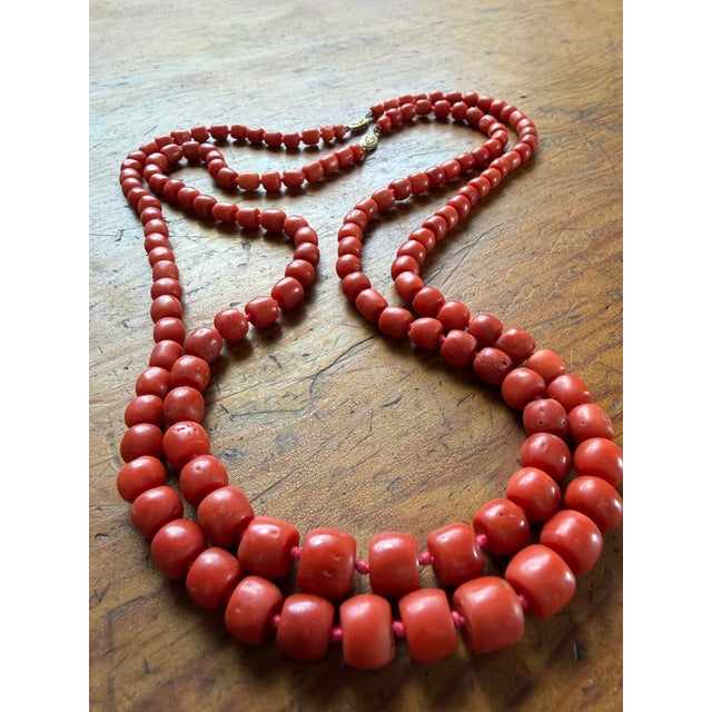 Metal Genuine Red Coral Necklaces, Hand-Knotted Strands in Natural Coloration, a Pair For Sale - Image 7 of 15