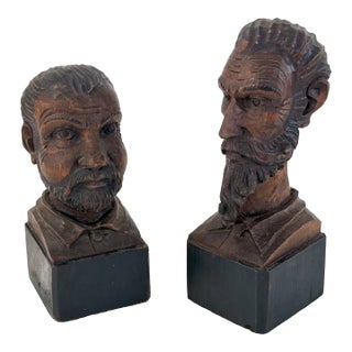 Pair of Vintage Carved Spanish Busts, Don Quixote and Sancho Panza For Sale
