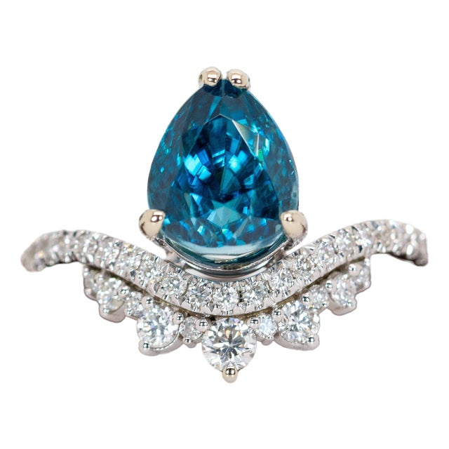 3.7ct Blue Zircon Ring With Natural Diamond Accents: Solid 14k Gold - Pear Cut, Size 6.75 For Sale