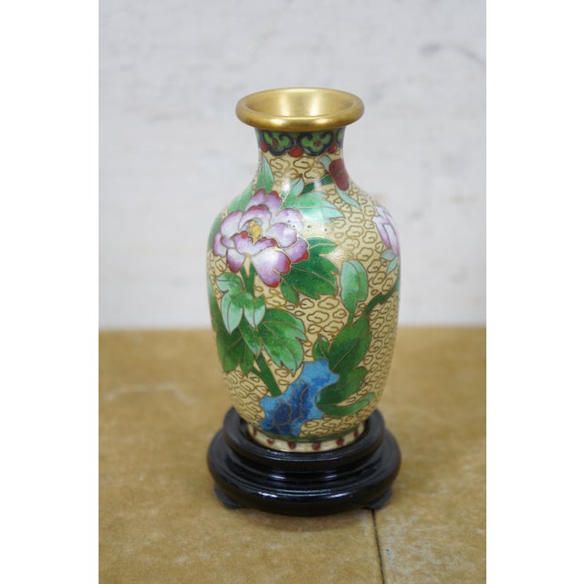 Metal 6 Chinese Brass Cloisonne Enameled Floral Vases Brush Bowls Ashtray Dishes For Sale - Image 7 of 17