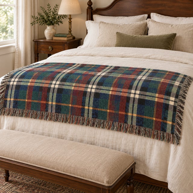 Not Yet Made - Made To Order Heritage Tartan Plaid Woven Throw Blanket – Green & Navy, 60 × 50 For Sale - Image 5 of 6