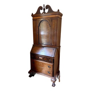 Antique 1920s Chippendale Revival Carved Walnut Secretary Desk For Sale