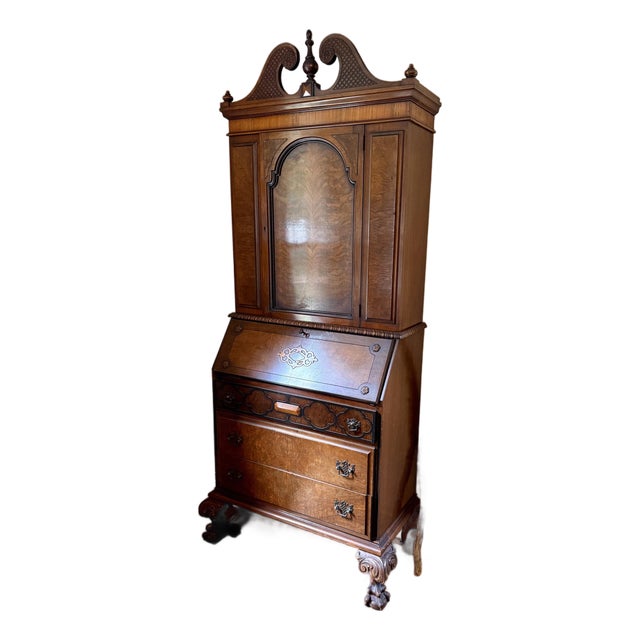Antique 1920s Chippendale Revival Carved Walnut Secretary Desk For Sale