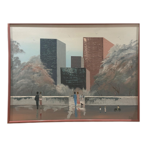 1980's Cityscape Oil on Canvas Painting by Eve Lynn