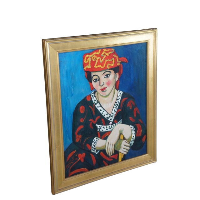 Contemporary Late 20th Century The Red Madras Headdress Portrait Oil Painting After Henri Matisse Framed For Sale - Image 3 of 11