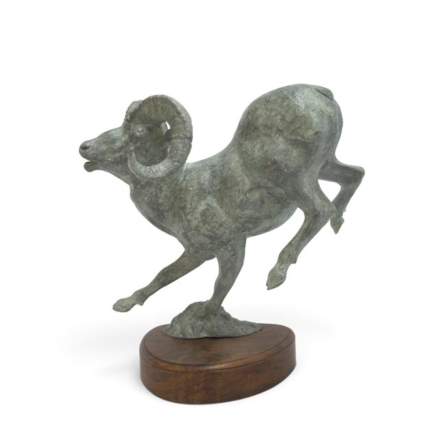 Late 20th Century Large Leaping Bighorn Sheep Ram Verdigris Patina Metal Sculpture For Sale - Image 5 of 13