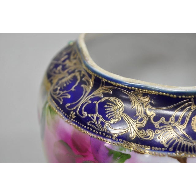 Antique Nippon Hand Painted Moriage Pink Rose Porcelain Biscuit Jar Vase For Sale In Philadelphia - Image 6 of 16
