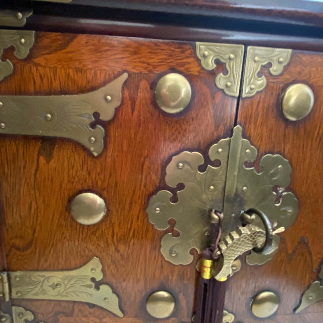 Wood Mid-Century Chinese Brass-Mounted Hardwood Cabinet With Lock & Calligraphy Interior For Sale - Image 7 of 14