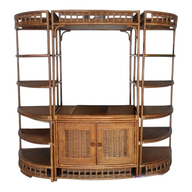 Vintage Huge Ficks Reed Style Wicker Wood Chippendale Storage Corner Tv Cabinet- 3 Piece Set For Sale