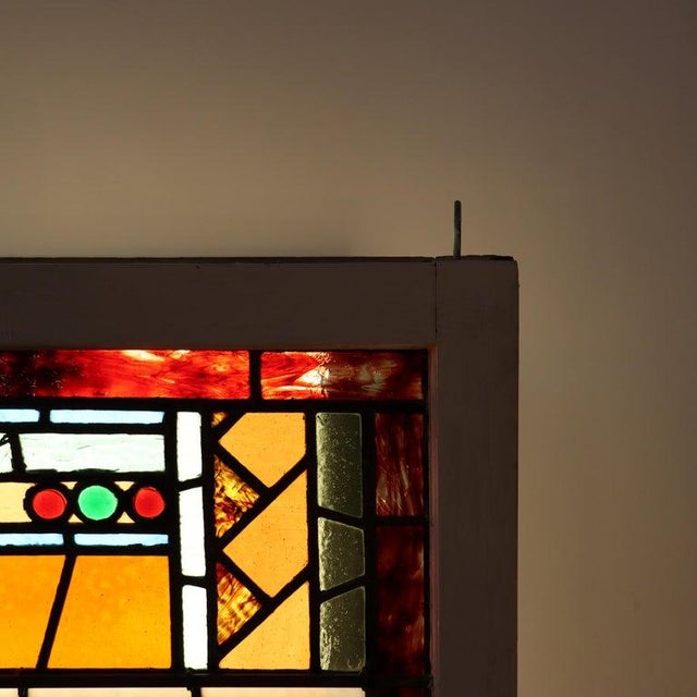 Late 19th Century Antique Aesthetic Stained & Jeweled Leaded Glass Window With Stylized Globe For Sale - Image 5 of 16