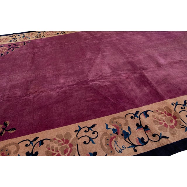 Purple Antique Art Deco Chinese Handmade Floral Purple Wool Rug 11 Ft 11 in X 19 Ft 2 In. For Sale - Image 8 of 12