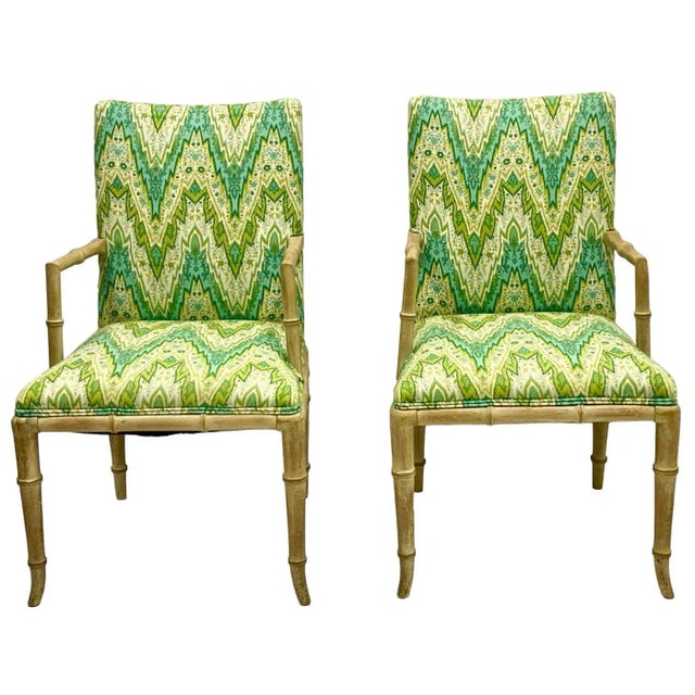 Traditional Regency Style Cerused Pine Faux Bamboo Bergere Chairs in Chevron - Pair For Sale - Image 3 of 8
