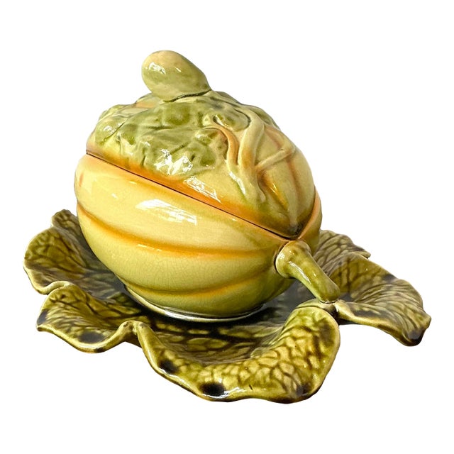 Vintage French Sarreguemines Glazed Ceramic Lidded Melon Bowl For Sale
