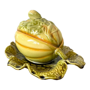 Vintage French Sarreguemines Glazed Ceramic Lidded Melon Bowl