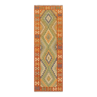 2020s Bohemian Kilim Blue Rust Hand Woven Rug - 2'1" X 6'4" For Sale