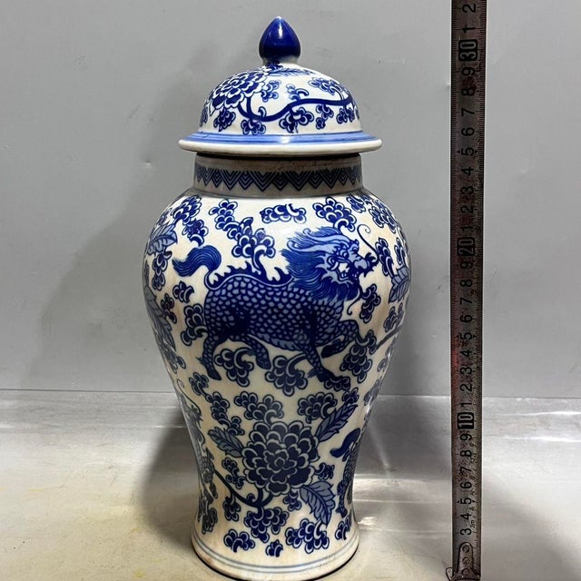 Ceramic 1970s Blue and White Qilin Floral Porcelain Ginger Jar, Chinoiserie Lidded Urn For Sale - Image 7 of 8