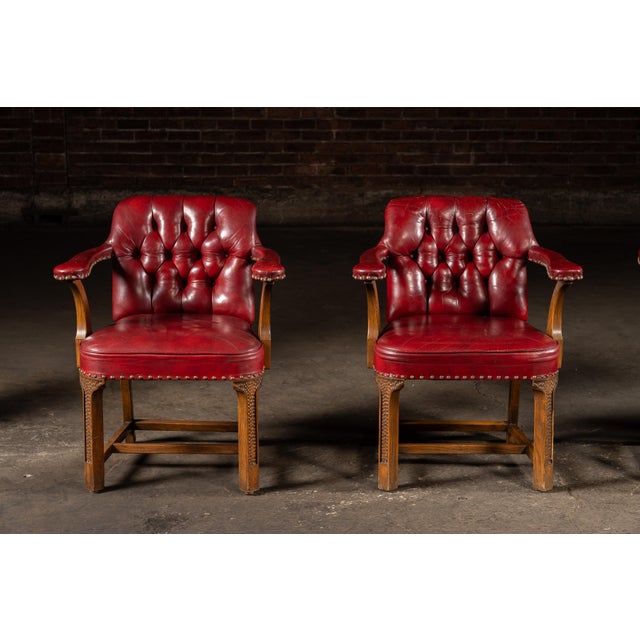 Burgundy Late 20th Century Set of Four Tufted Leather Bankers Chairs in Red For Sale - Image 8 of 17
